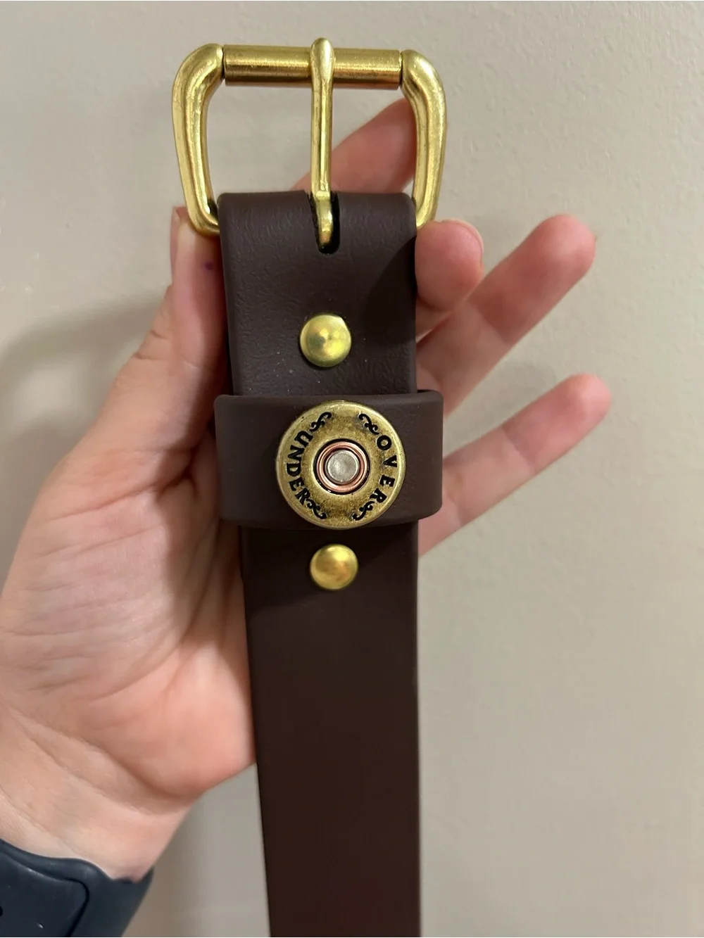 Over Under Brown Leather Belt 42 Single Shot Shell Brass Buckle USA Made